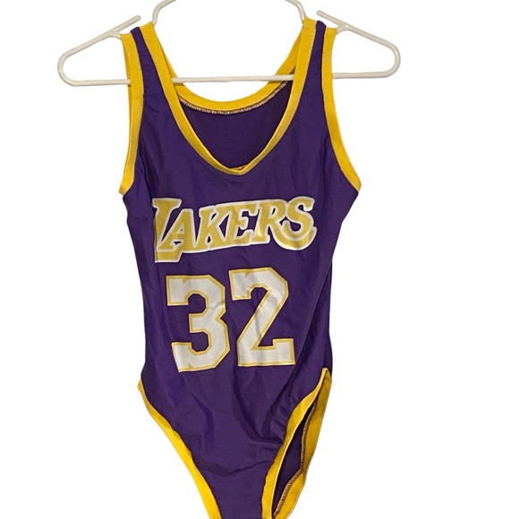 Lakers New #32 Johnson Purple Yellow bodysuit swimsuit sporty halloween costume - Picture 4 of 11